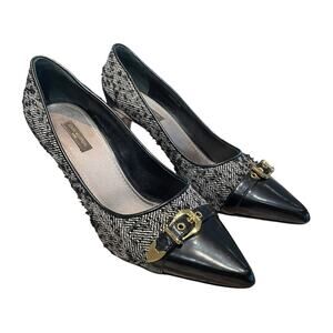 Louis Vuitton Black White Tweed Gold Buckle Accent Pointed Toe Heels 39 / US 9